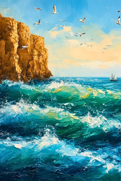 Sur cette toile majestueuse, les vagues s'éclatent en une symphonie d'azur et d'émeraude, sous un ciel peuplé de mouettes libres, tandis qu'une voile solitaire trace son chemin vers l'inconnu