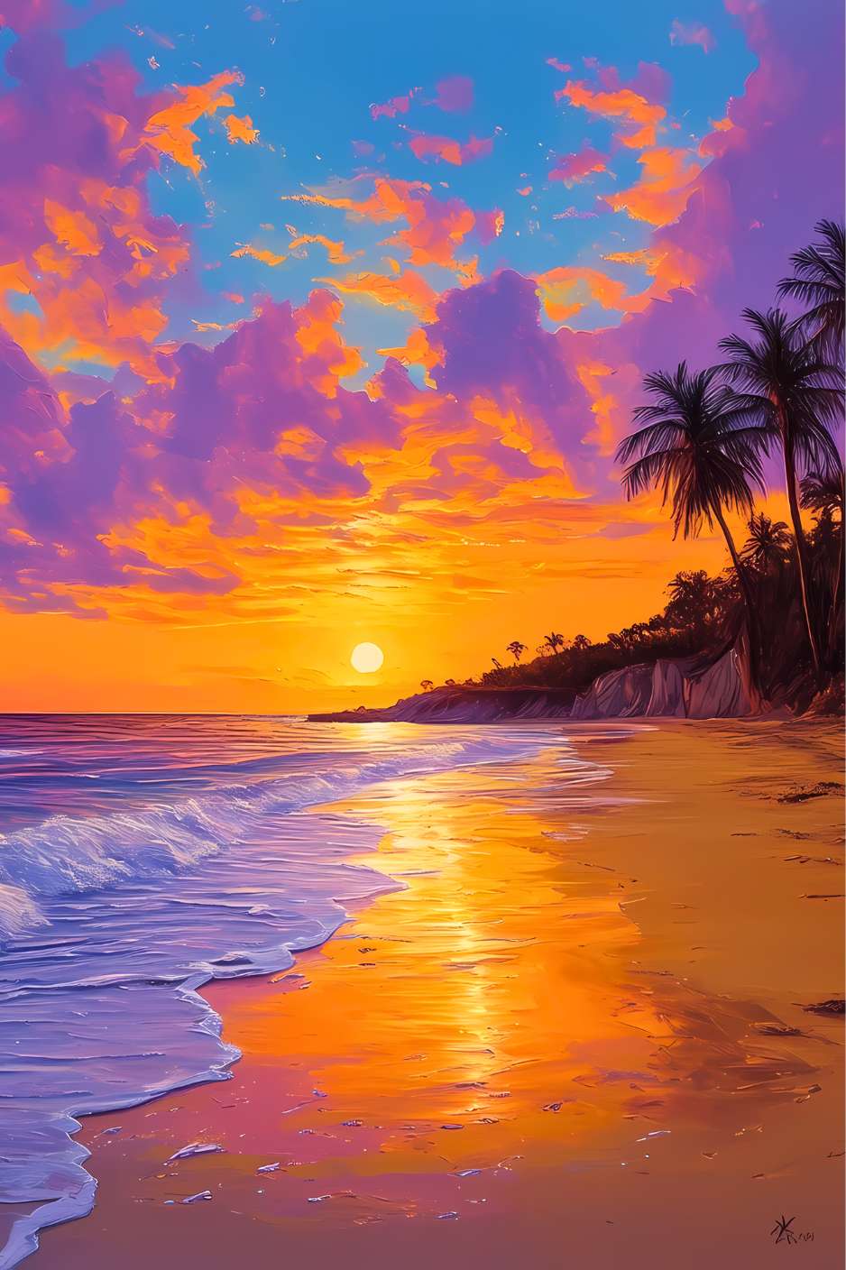 Peinture plage coucher de soleil LUEUR DES ÎLES