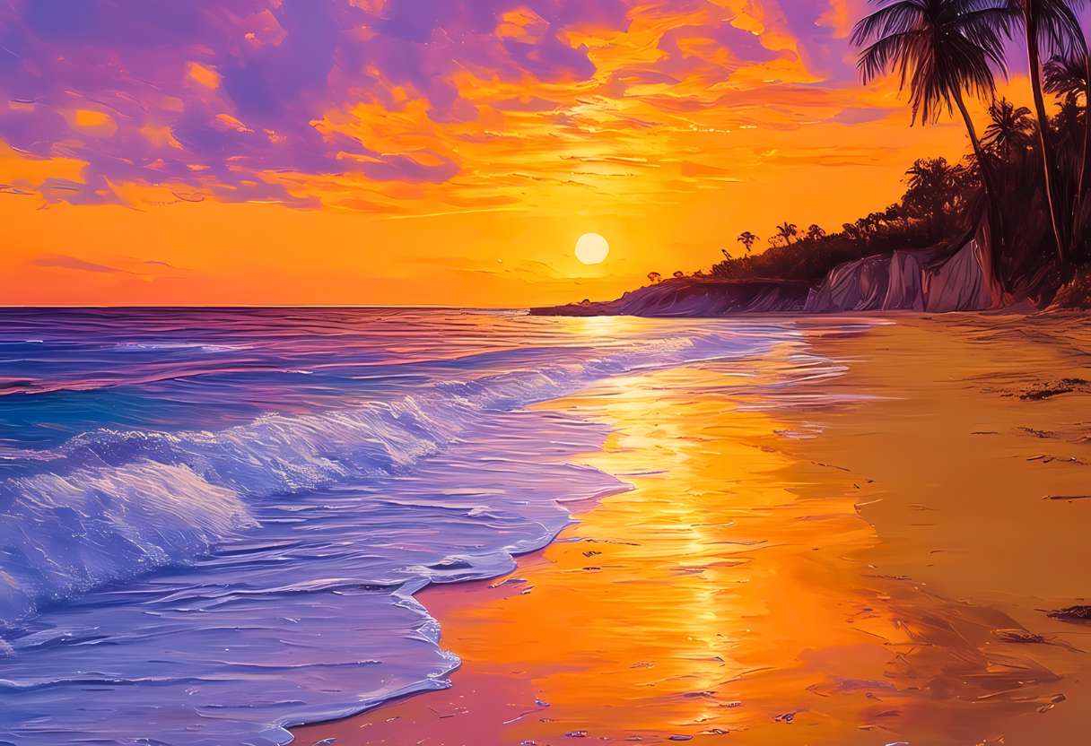 Peinture plage coucher de soleil LUEUR DES ÎLES