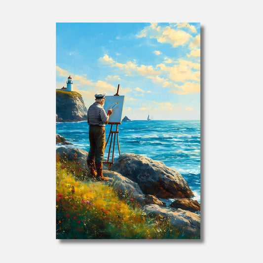 Par les dieux de la mer, ce vieux marin peintre, debout sur sa falaise, capture la splendeur des vagues et du ciel, créant une œuvre aussi majestueuse que l'océan lui-même