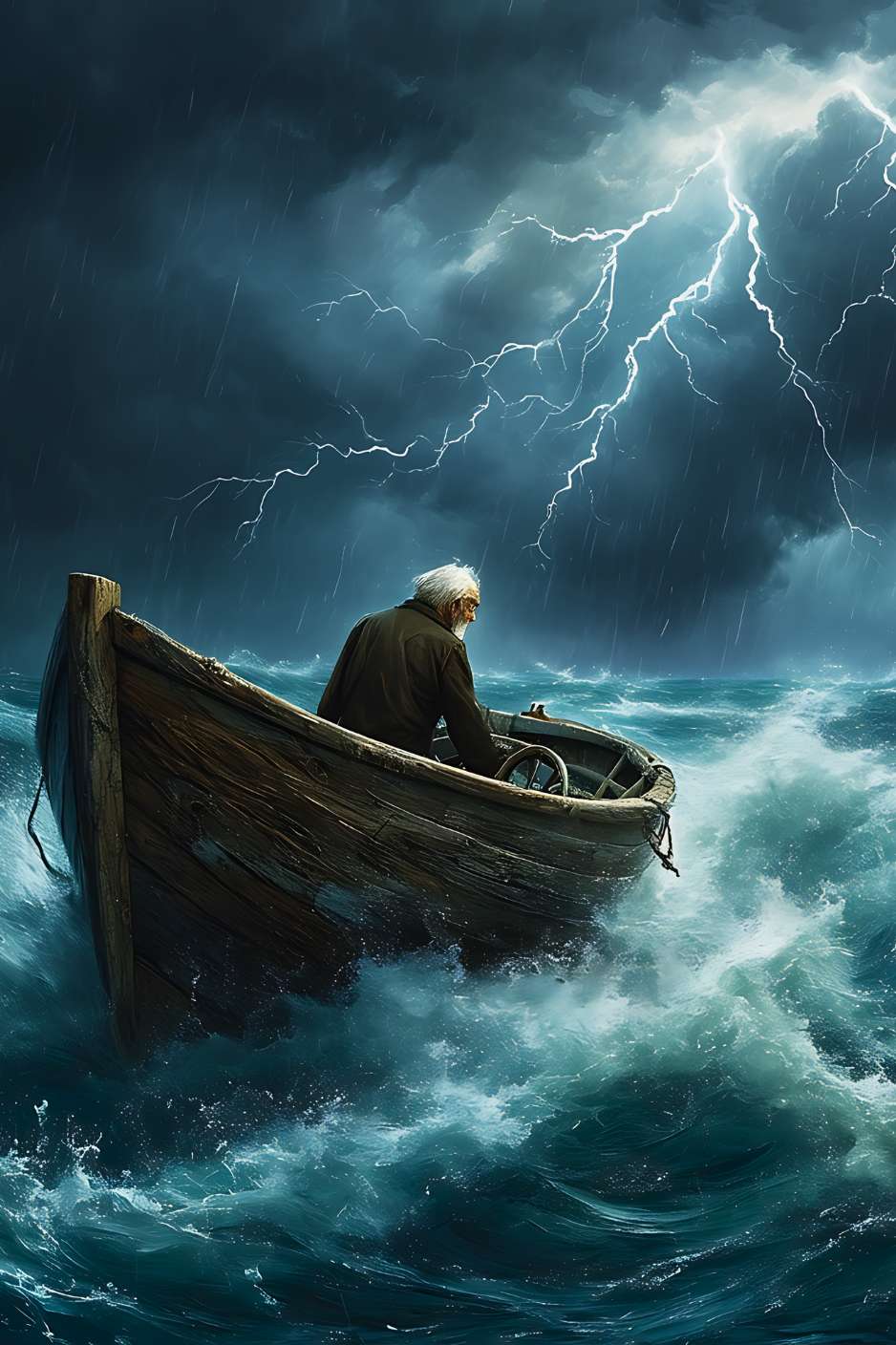 Dans la fureur du ciel et de la mer, le vieux marin affronte vaillamment l'orage, incarnant la résilience et la grandeur d'un cœur intrépide face à la tempête
