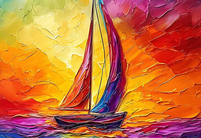 Ce voilier aux voiles multicolores fend les eaux d'un océan enchanté, illuminé par un coucher de soleil flamboyant qui embrase le ciel et la mer dans une symphonie de couleurs éclatantes