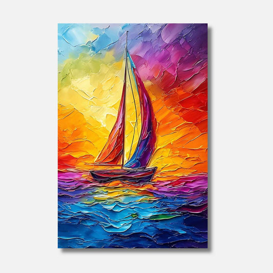 Ce voilier aux voiles multicolores fend les eaux d'un océan enchanté, illuminé par un coucher de soleil flamboyant qui embrase le ciel et la mer dans une symphonie de couleurs éclatantes