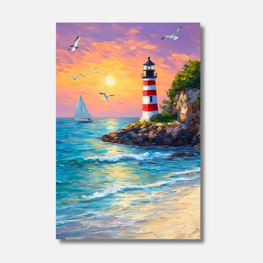 À l'horizon flamboyant, un phare audacieux se dresse, gardien éternel des rêves de marins sous un ciel embrasé par le coucher du soleil