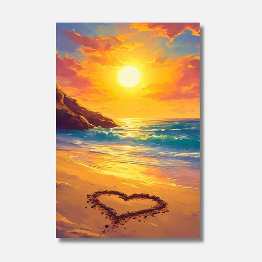 Dans un éclat doré, le soleil se couche majestueusement sur l'océan, illuminant un cœur de sable sur la plage, symbole d'un amour éternel et enchanteur