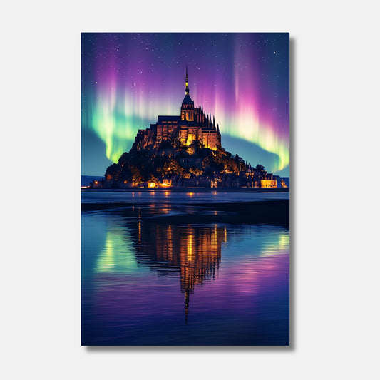 Tableau Mont Saint-Michel aurore boréale ILLUMINATION