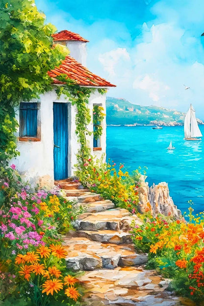 Cette retraite côtière, avec ses fleurs vibrantes et ses voiles blanches dansant sur l'horizon azur, est un coin de paradis marin où le temps semble s'arrêter