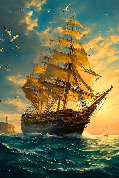 Ce navire majestueux fend les flots sous un ciel doré, ses voiles embrassées par la lumière du crépuscule, guidant les âmes aventureuses vers l'horizon infini