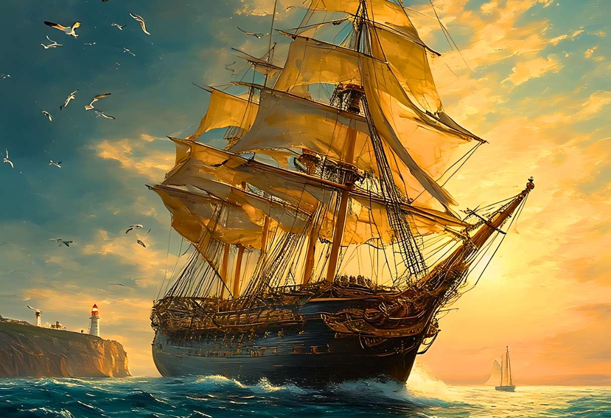 Ce navire majestueux fend les flots sous un ciel doré, ses voiles embrassées par la lumière du crépuscule, guidant les âmes aventureuses vers l'horizon infini