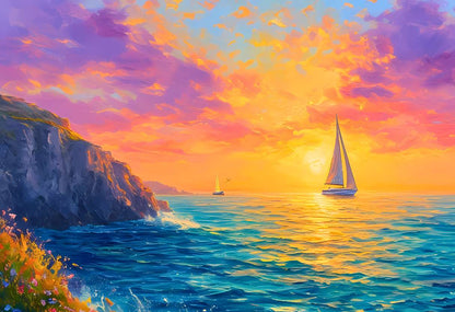 Voilà un coucher de soleil embrasant les flots, où les vagues d'azur se heurtent aux falaises fleuries, guidant fièrement les voiliers vers des horizons dorés