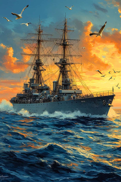 Un navire majestueux fend les eaux tumultueuses, escorté par des goélands sous un crépuscule enflammé