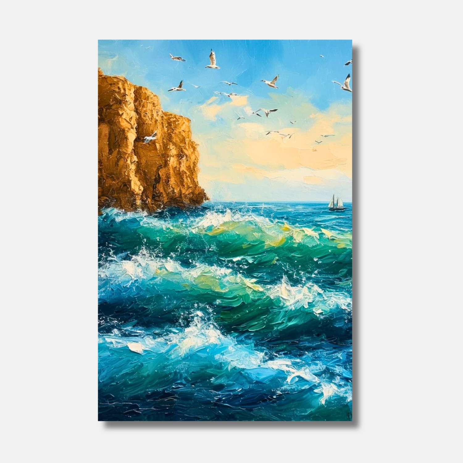 Sur cette toile majestueuse, les vagues s'éclatent en une symphonie d'azur et d'émeraude, sous un ciel peuplé de mouettes libres, tandis qu'une voile solitaire trace son chemin vers l'inconnu