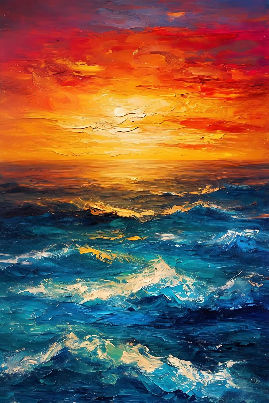 Un coucher de soleil flamboyant sur des vagues tumultueuses, capturant la beauté sauvage et sereine de l'océan