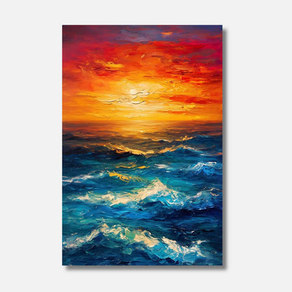 Un coucher de soleil flamboyant sur des vagues tumultueuses, capturant la beauté sauvage et sereine de l'océan