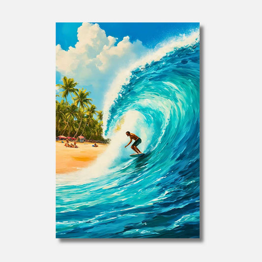 Telle une étreinte d'azur, un surfeur audacieux danse avec une vague majestueuse, sous le regard bienveillant des palmiers et du ciel radieux