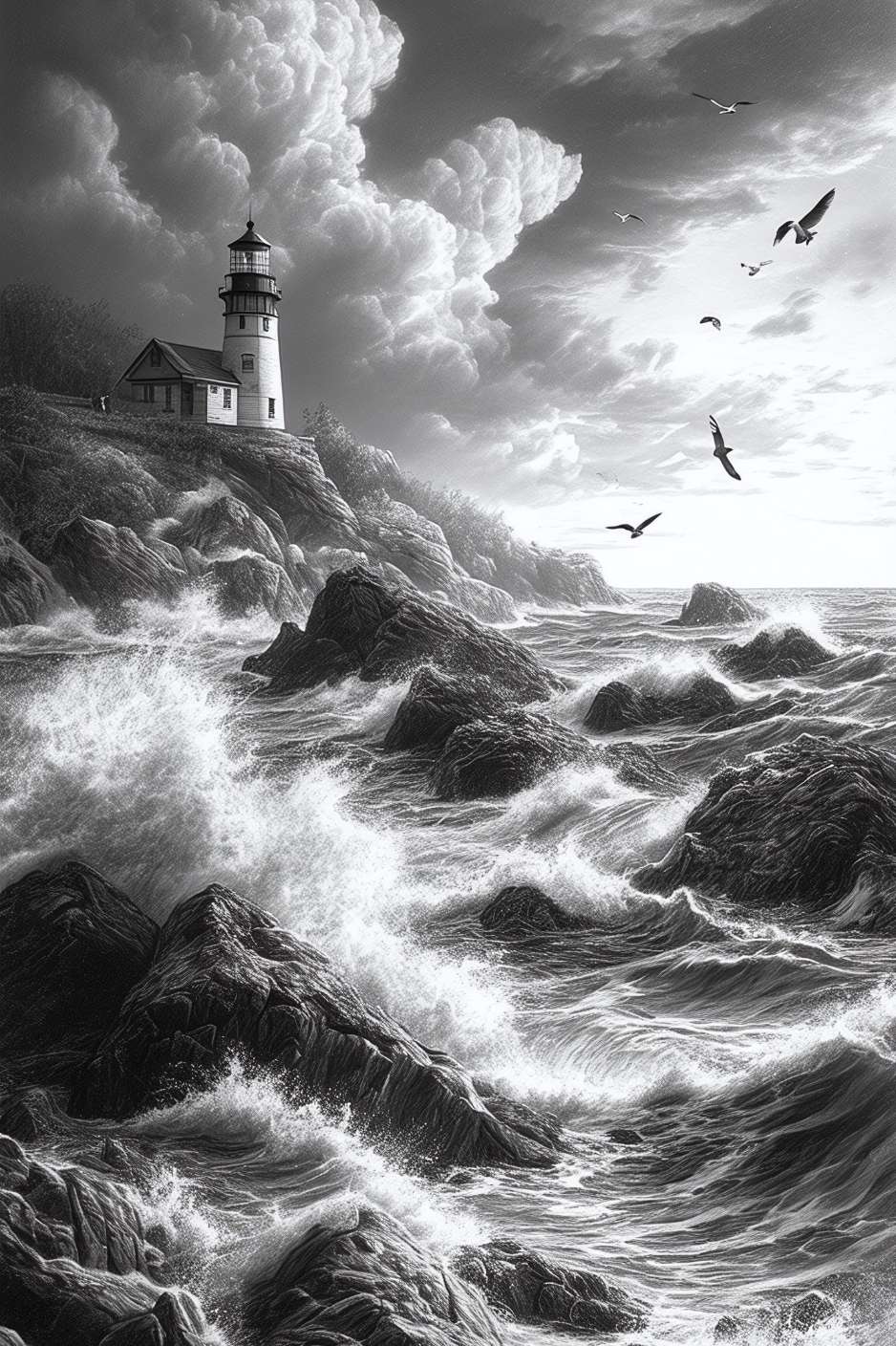 Une tempête majestueuse frappe les rochers sous la garde éternelle d'un phare héroïque