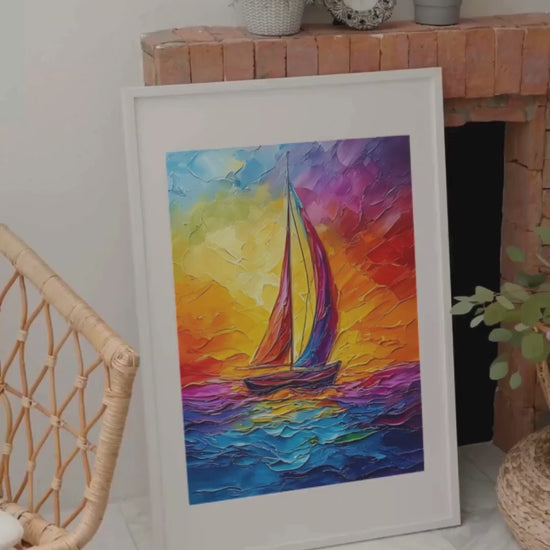 Ce voilier aux voiles multicolores fend les eaux d'un océan enchanté, illuminé par un coucher de soleil flamboyant qui embrase le ciel et la mer dans une symphonie de couleurs éclatantes