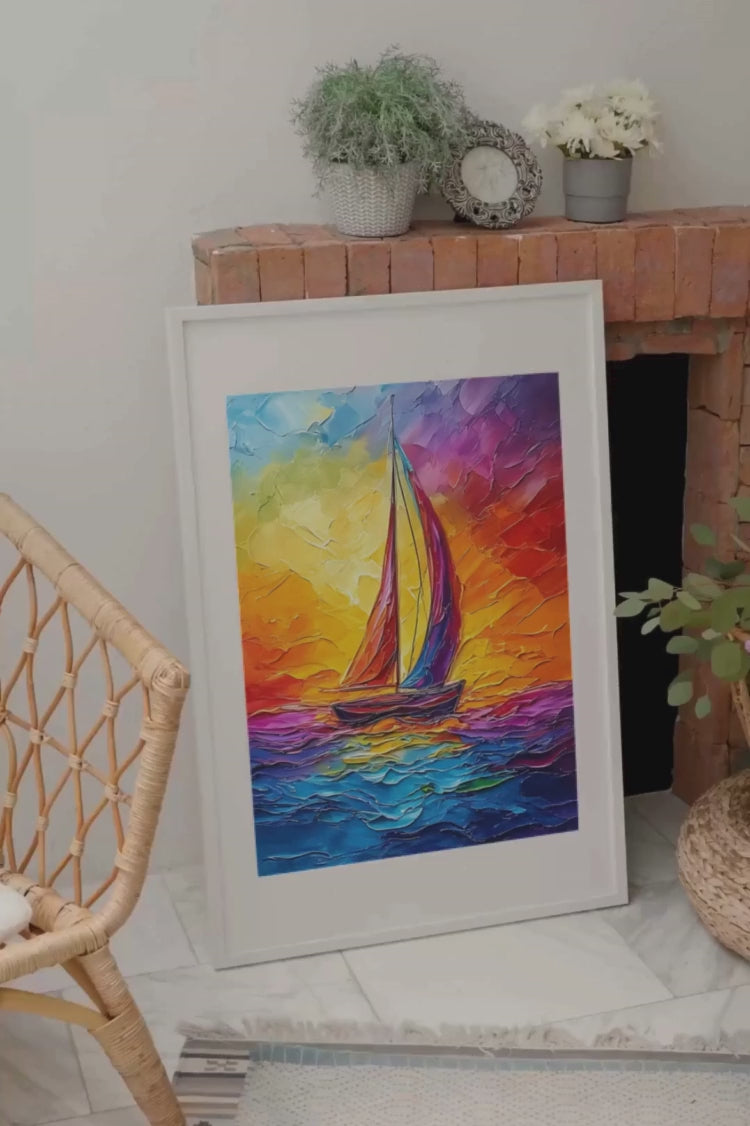 Ce voilier aux voiles multicolores fend les eaux d'un océan enchanté, illuminé par un coucher de soleil flamboyant qui embrase le ciel et la mer dans une symphonie de couleurs éclatantes