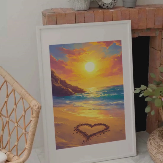 Dans un éclat doré, le soleil se couche majestueusement sur l'océan, illuminant un cœur de sable sur la plage, symbole d'un amour éternel et enchanteur