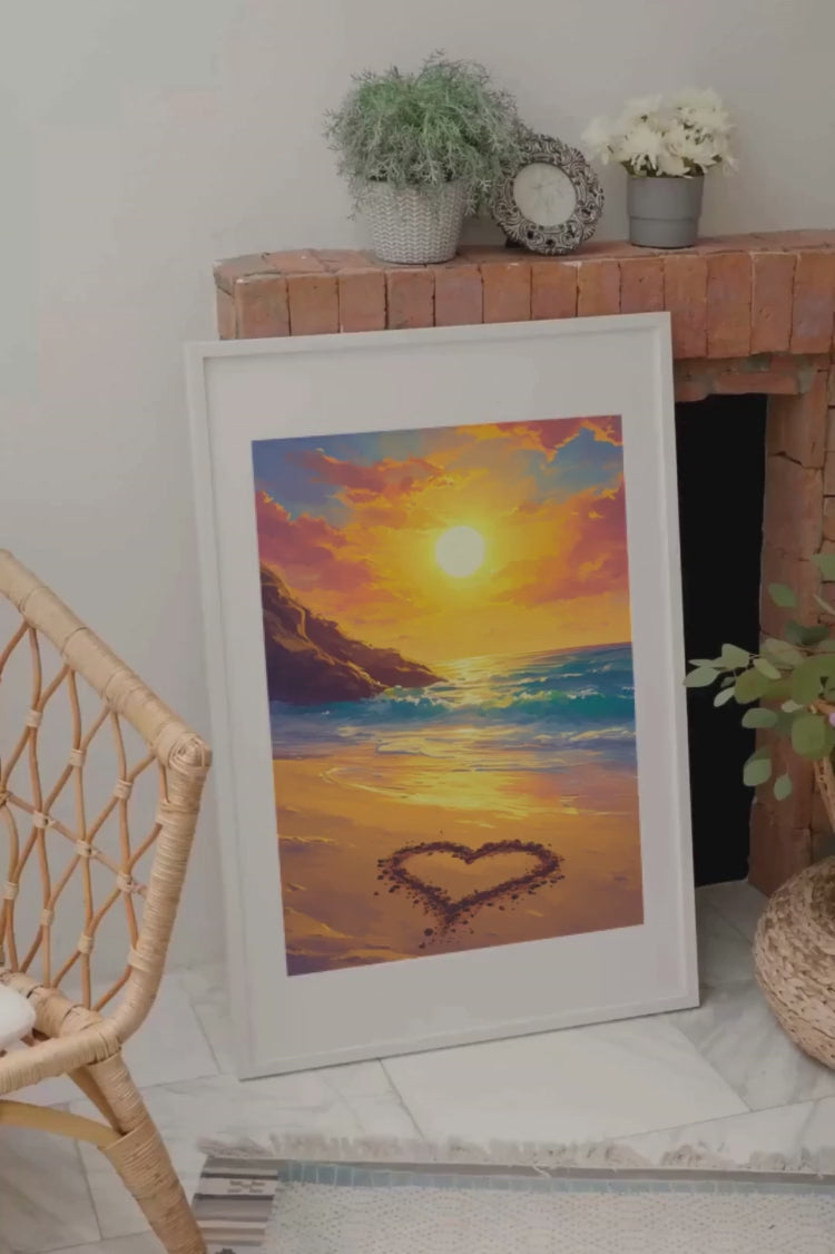 Dans un éclat doré, le soleil se couche majestueusement sur l'océan, illuminant un cœur de sable sur la plage, symbole d'un amour éternel et enchanteur