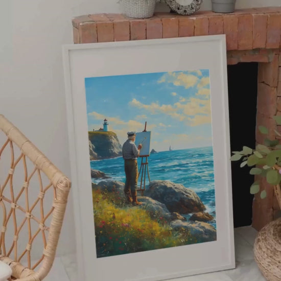 Par les dieux de la mer, ce vieux marin peintre, debout sur sa falaise, capture la splendeur des vagues et du ciel, créant une œuvre aussi majestueuse que l'océan lui-même