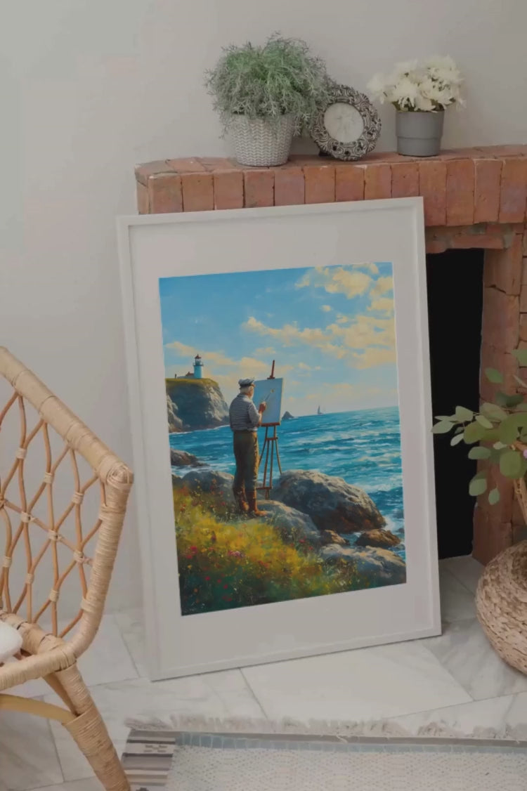 Par les dieux de la mer, ce vieux marin peintre, debout sur sa falaise, capture la splendeur des vagues et du ciel, créant une œuvre aussi majestueuse que l'océan lui-même