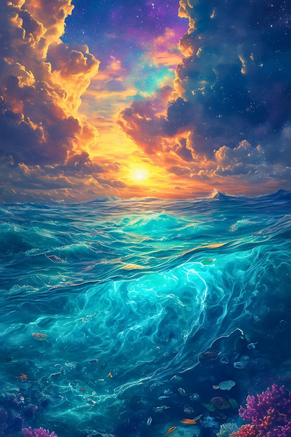 Cette toile capture l'essence mystique de l'océan, un mariage céleste entre les cieux flamboyants et les profondeurs émeraude