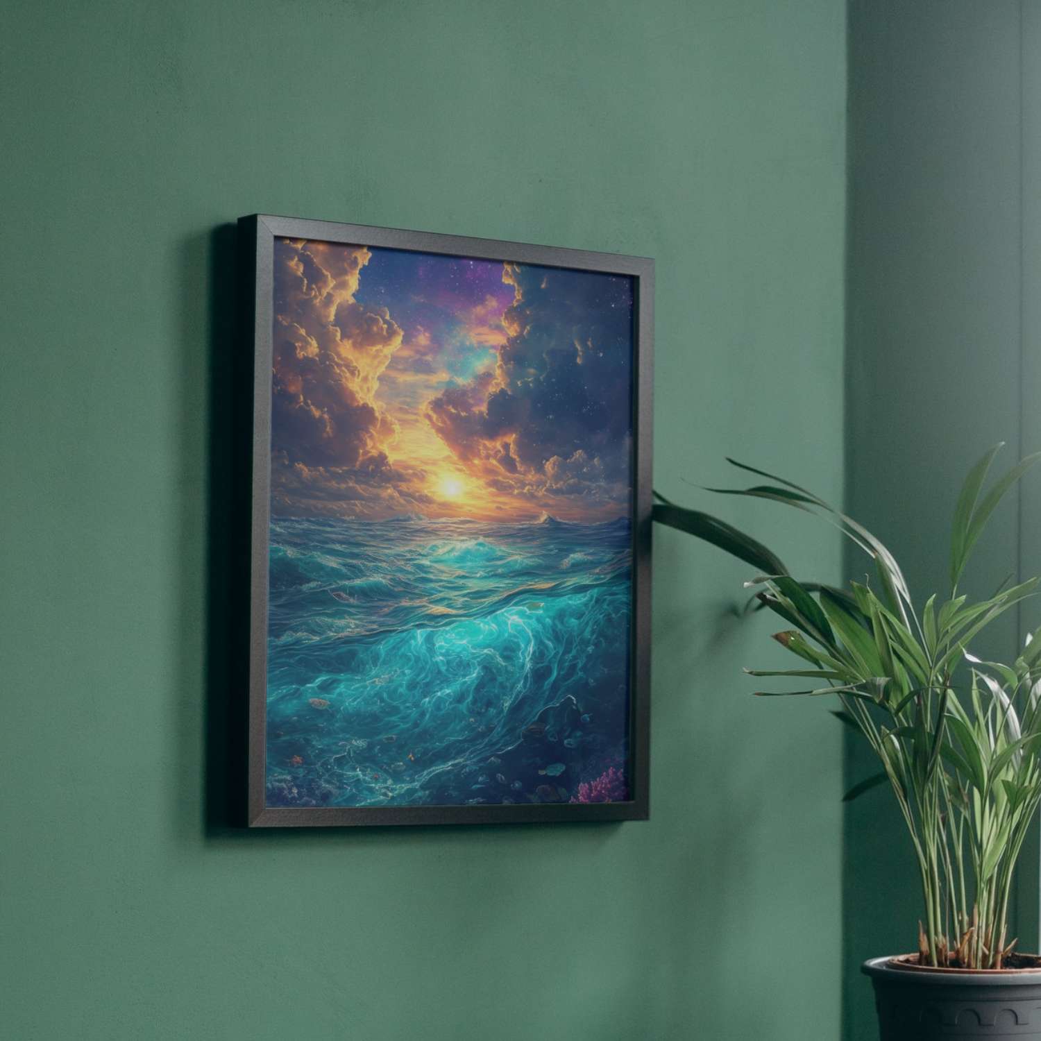 Cette toile capture l'essence mystique de l'océan, un mariage céleste entre les cieux flamboyants et les profondeurs émeraude