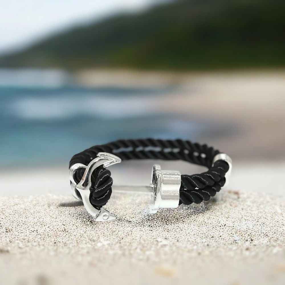 Bracelet noir ancre argentée HINAHINA - Mer Aux Trésors