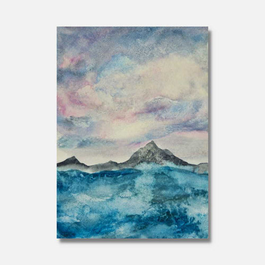 Tableau style aquarelle mer, montagnes et nuages - Mer Aux Trésors